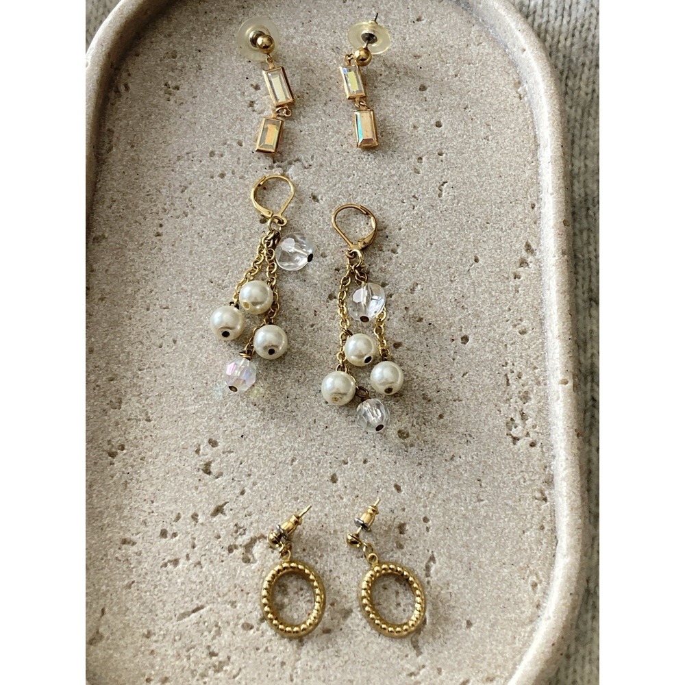 Romantic Gold Tone Earrings Set Of 3 Pair Baguette Rhinestone Faux Pearl Dangle